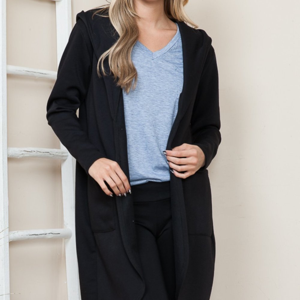 BRUSH HOODED OPEN CARDIGAN WITH SIDE POCKETS